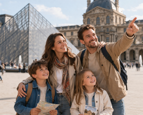 AI-generated horizontal view of a happy family with children in the Louvre courtyard, standing near the glass pyramid on a bright day.