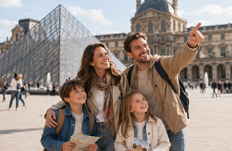 AI-generated horizontal view of a happy family with children in the Louvre courtyard, standing near the glass pyramid on a bright day.