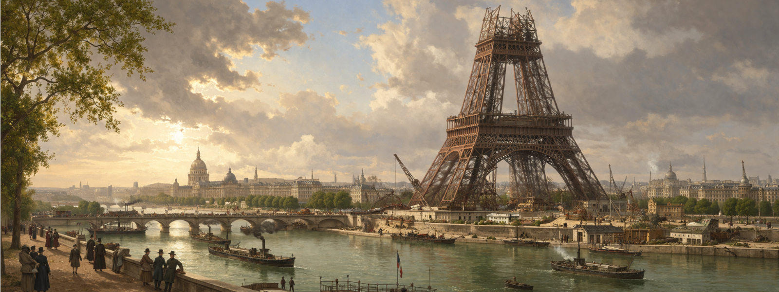 AI-generated long horizontal illustration showing the Eiffel Tower under construction beside the Seine in nineteenth-century Paris, with boats on the river, period figures along the embankment, and dramatic clouds above the city.