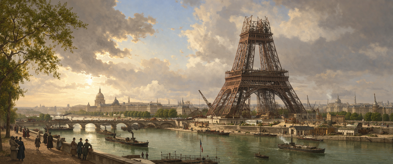 AI-generated long horizontal illustration showing the Eiffel Tower under construction beside the Seine in nineteenth-century Paris, with boats on the river, period figures along the embankment, and dramatic clouds above the city.