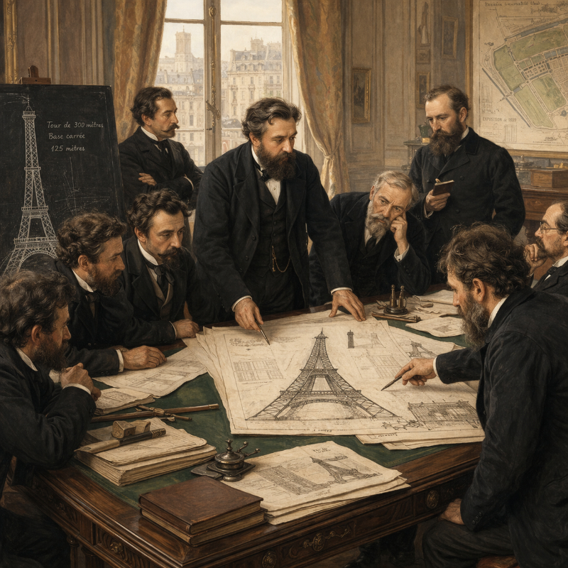 AI-generated square historical illustration showing a group of nineteenth-century engineers and officials gathered around a large table, studying plans for a tall iron tower in a richly furnished room.