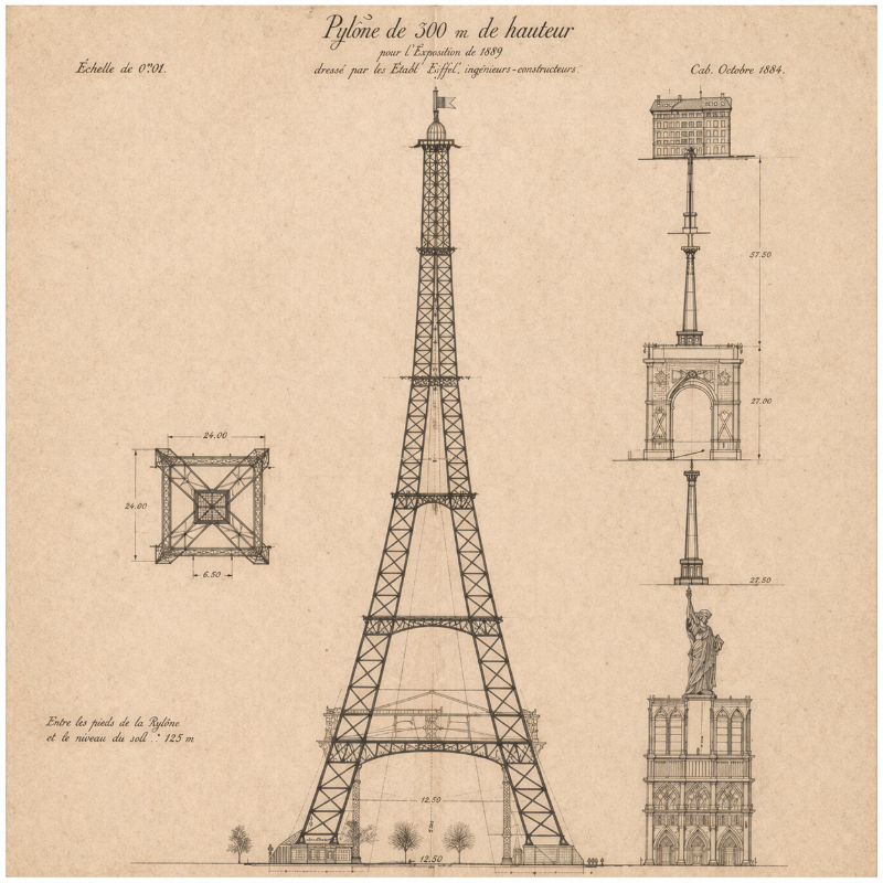 AI-generated square vintage-style architectural drawing of an early Eiffel Tower concept on aged paper, with technical annotations, structural details, and comparison sketches beside the central tower design.