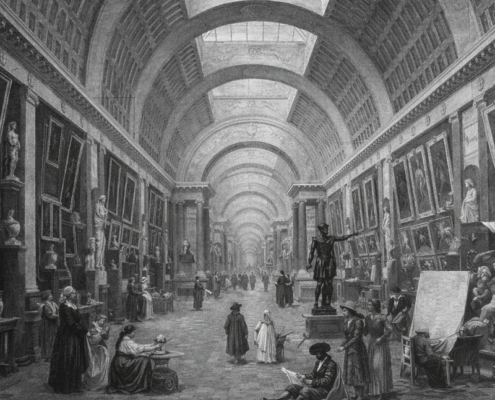 AI-generated engraving of La Grande Galerie at the Louvre. AI-generated engraving of La Grande Galerie at the Louvre, showing a long vaulted hall lined with paintings, sculptures, and visitors in period dress beneath large skylights.