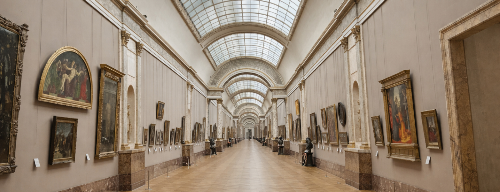 La Grande Galerie at the Louvre - Edited Image Edited view of La Grande Galerie at the Louvre, showing the long skylit corridor lined with paintings and sculptures, with the gallery cleared of visitors.