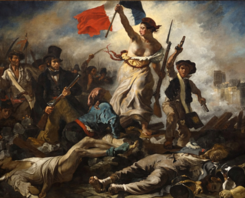 Edited view of Liberty Leading the People at the Louvre. Edited view of Liberty Leading the People at the Louvre, showing Delacroix’s revolutionary scene in an ornate gilded frame against deep red gallery walls, with the foreground cleared of visitors.