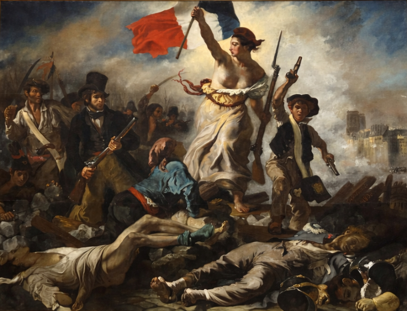 Edited view of Liberty Leading the People at the Louvre, showing Delacroix’s revolutionary scene in an ornate gilded frame against deep red gallery walls, with the foreground cleared of visitors.