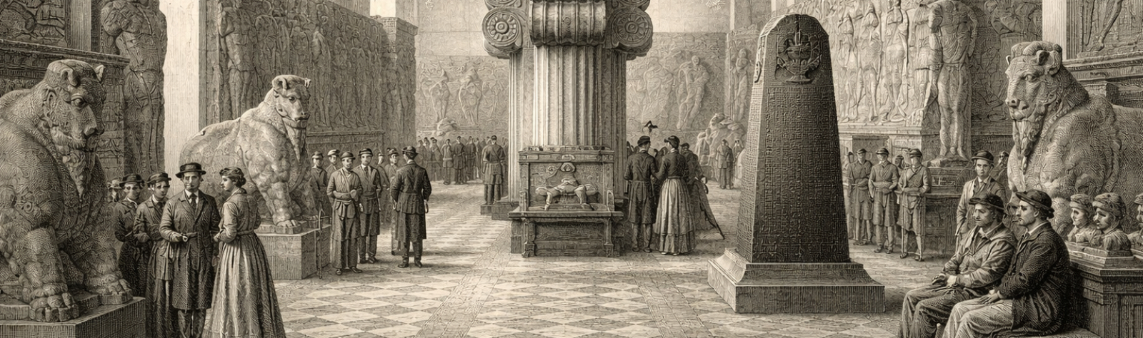 NEAR EASTERN ANTIQUITIES AT THE LOUVRE - AI-GENERATED AI-generated panoramic engraving of a Near Eastern antiquities gallery at the Louvre, showing monumental ancient sculptures, reliefs, and visitors in a vast vaulted museum hall.