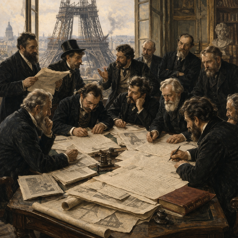 AI-generated square historical-style illustration of late nineteenth-century Parisian artists, writers, and architects gathered around a table covered with newspapers and handwritten documents, debating the Eiffel Tower project in an elegant interior with the unfinished tower visible through the window.