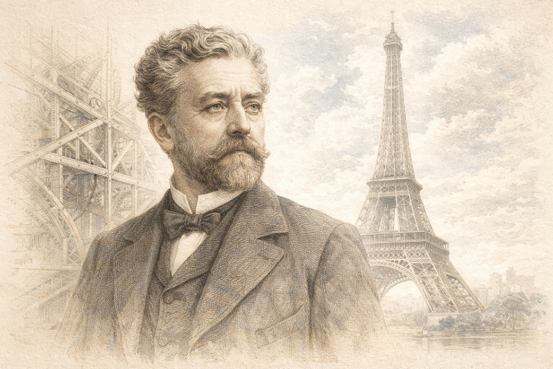 AI-generated portrait-style illustration of Gustave Eiffel, shown in formal nineteenth-century attire with the Eiffel Tower and structural ironwork in the background.