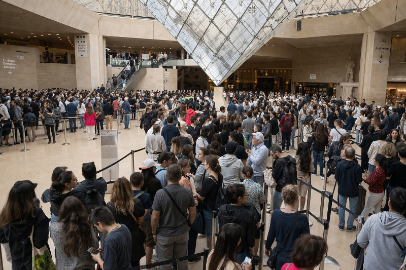 AI-generated view of queues in the Hall Napoléon at the Louvre. AI-generated horizontal view of visitors queuing in the Hall Napoléon beneath the Louvre Pyramid, showing the busy underground entrance hall, crowd-control lines, escalators, and the glass structure overhead.