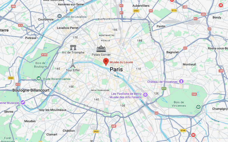 Map Showing the Louvre’s Location in Paris Map of central Paris showing the location of the Musée du Louvre, marked near the Seine between major landmarks including the Eiffel Tower, Palais Garnier, and the Arc de Triomphe.