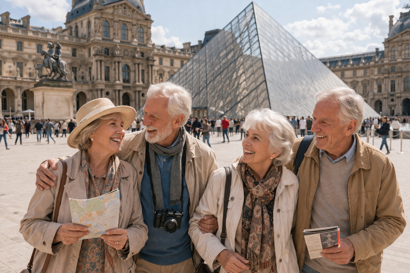 AI-generated horizontal view of four happy senior visitors standing together in the Louvre courtyard, with the glass pyramid and palace façades in the background on a bright day.