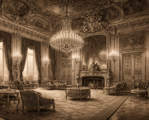AI-generated horizontal engraving of a grand salon in the Apartments of Napoleon III, showing chandeliers, gilded wall panels, a monumental mirror, and Second Empire furnishings in an ornate empty interior.