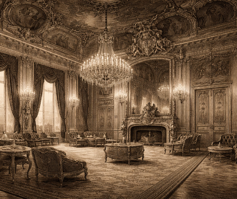 AI-generated horizontal engraving of a grand salon in the Apartments of Napoleon III, showing chandeliers, gilded wall panels, a monumental mirror, and Second Empire furnishings in an ornate empty interior.