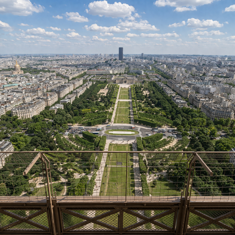 Square view from the Eiffel Tower over the Champ-de-Mars, showing the long central lawns, symmetrical tree-lined paths, Les Invalides in the distance, and the Paris skyline under a bright blue sky.