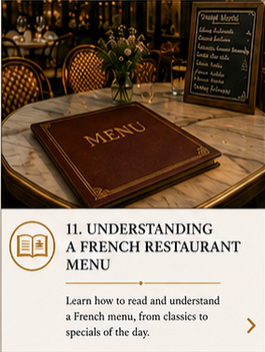 French restaurant menu showing entrées, main courses, desserts, daily specials and set menus