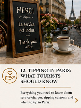 Paris café table with restaurant bill and cash explaining tipping and service included in France
