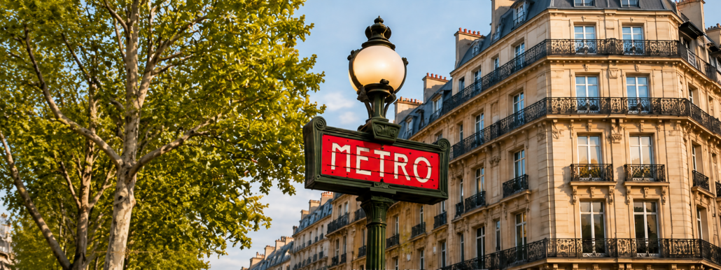 Traditional Paris Metro entrance near Haussmann buildings in a central neighbourhood