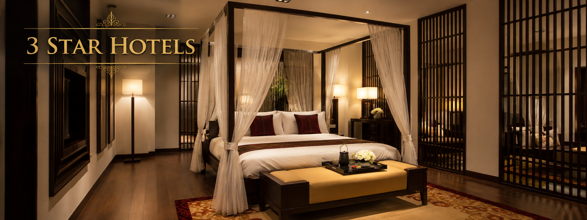 3-Star Hotels in Paris Comfortable three-star hotel room in Paris with four-poster bed, warm lighting and refined contemporary décor.