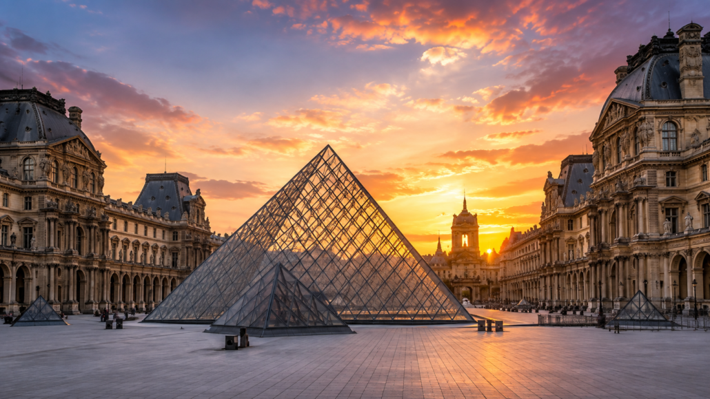 Louvre Museum and glass pyramid near centrally located hotels in Paris