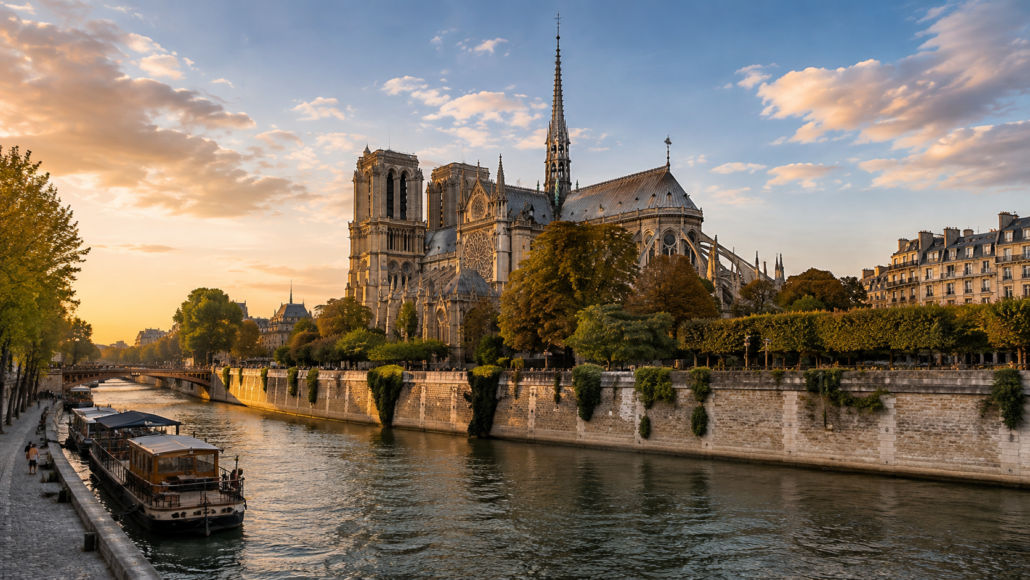 Notre-Dame Cathedral and Seine River near hotels in central Paris