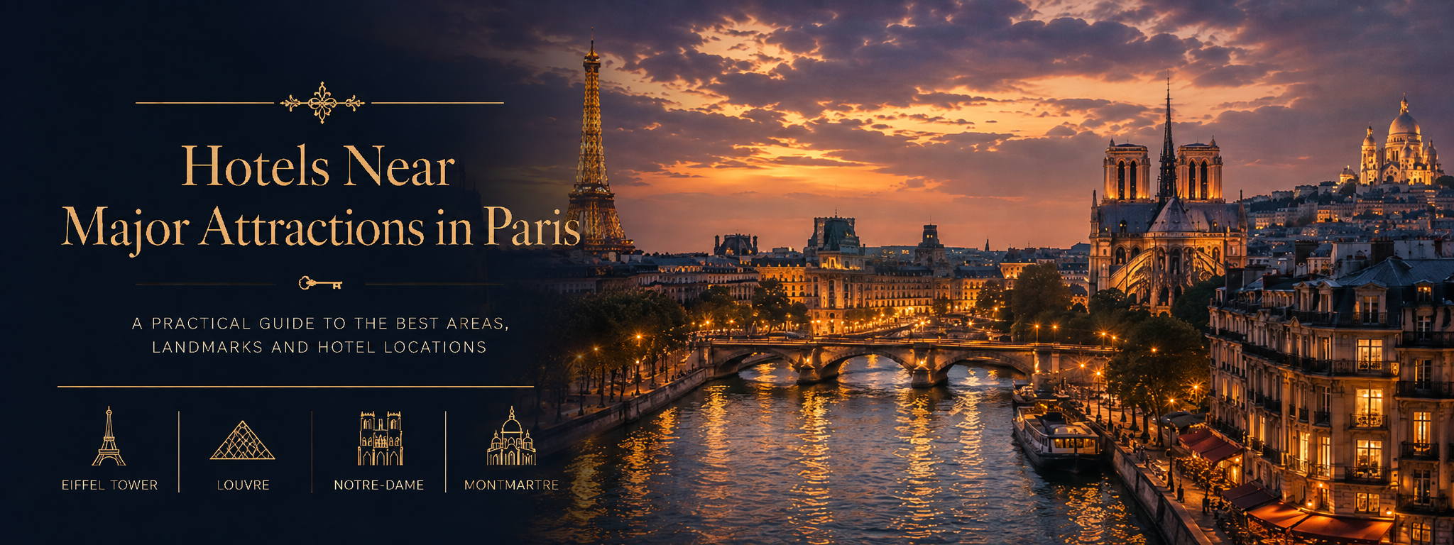Panoramic evening view of Paris with the Eiffel Tower, Notre-Dame, Montmartre and the Seine, illustrating hotels near major attractions in Paris