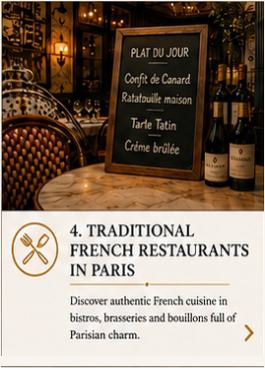 Traditional Paris bistro with chalkboard menu, French dishes and classic dining room