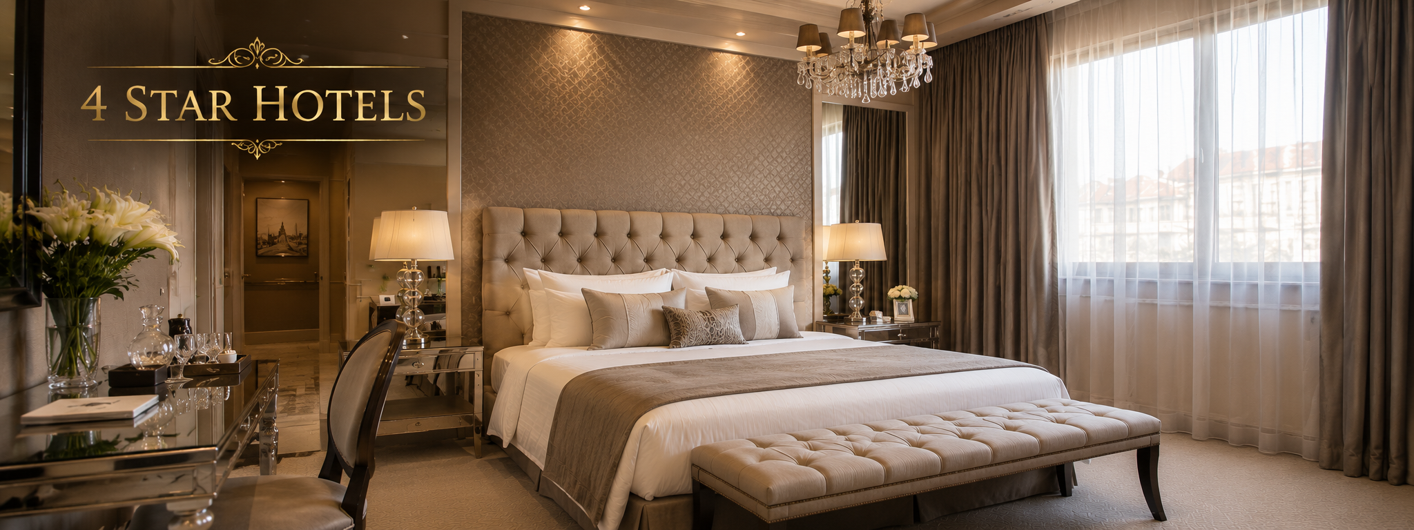 4-Star Hotels in Paris Elegant four-star hotel room in Paris with large bed, chandelier, modern furnishings and natural light.