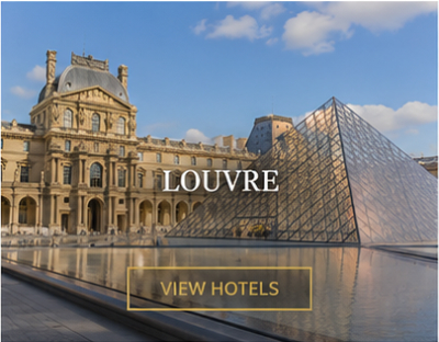 Louvre Museum and glass pyramid in Paris for hotels near the Louvre.