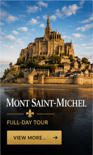 Mont Saint-Michel and its medieval abbey in Normandy on a full-day tour from Paris.
