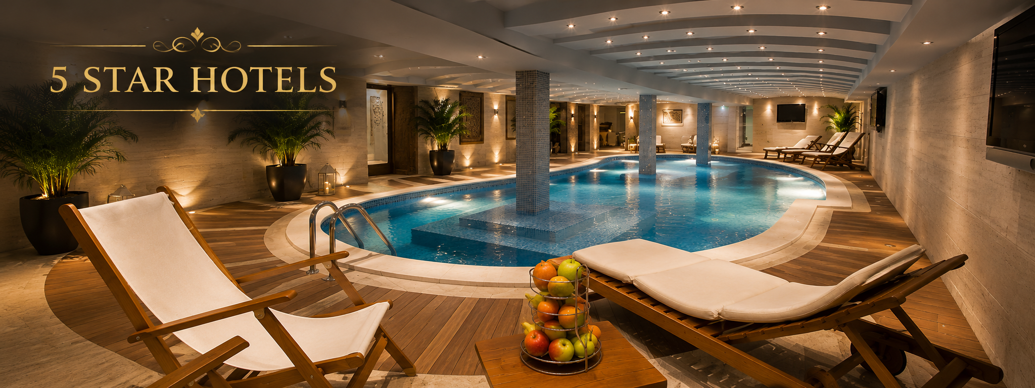 Luxury five-star hotel spa in Paris with indoor swimming pool, loungers and elegant wellness facilities.