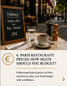 Paris café menu showing typical restaurant prices and dining budget options