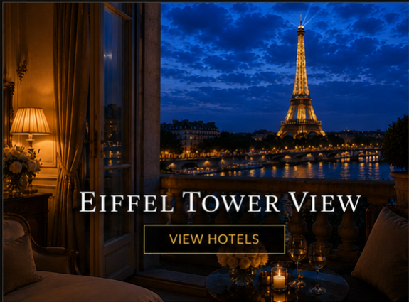 Evening view of the illuminated Eiffel Tower from a luxury Paris hotel terrace overlooking the Seine