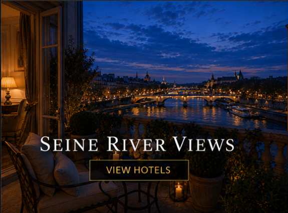 Evening view of the Seine River, Paris bridges and illuminated monuments from a hotel balcony