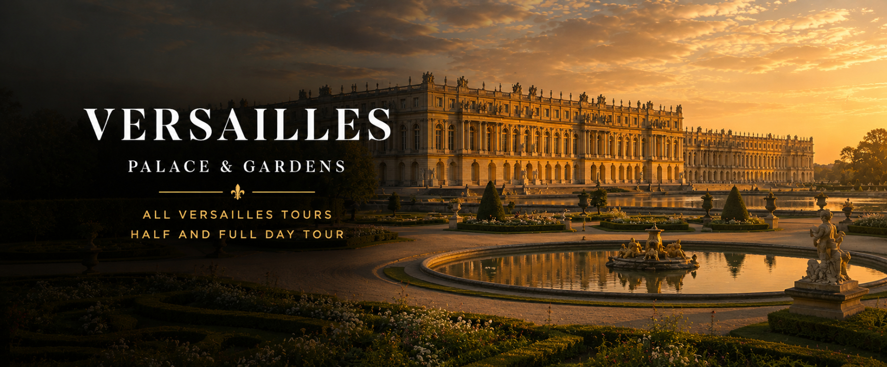 Panoramic view of the Palace of Versailles and its formal gardens at sunset, representing half-day and full-day Versailles tours from Paris.