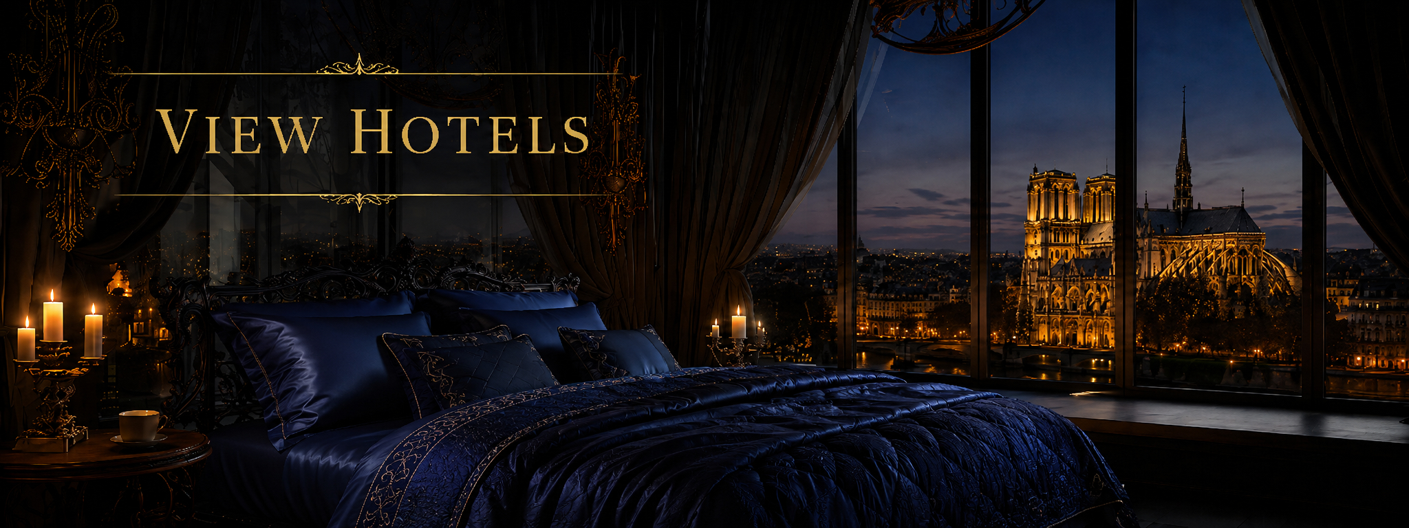 Luxury hotel room with a view of Notre-Dame Cathedral in Paris