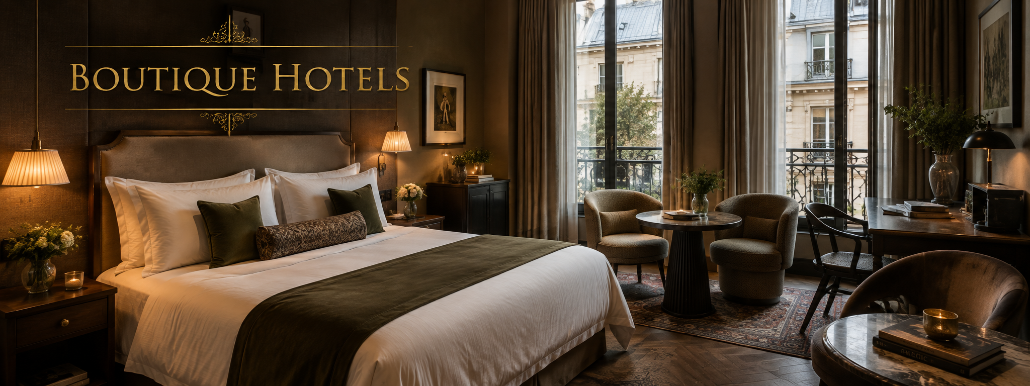 Boutique Hotels in Paris Elegant boutique hotel room in Paris with stylish décor, comfortable bedding and classic Parisian windows.