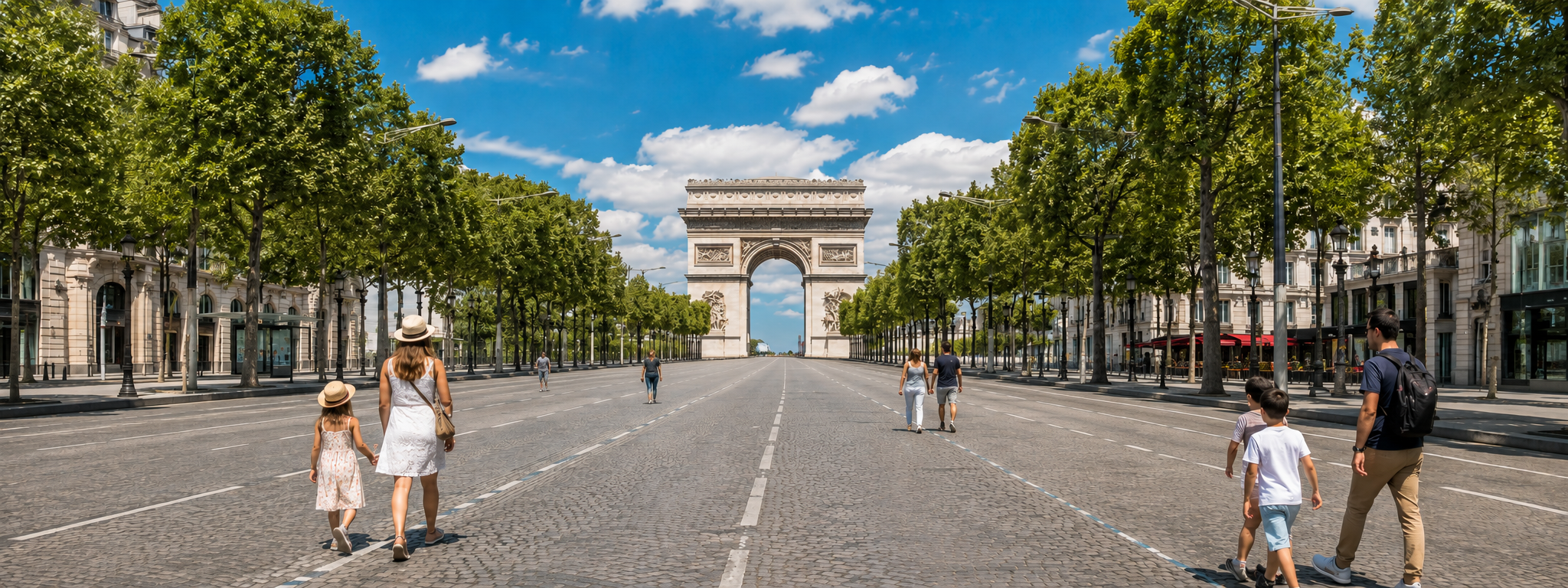 Pedestrians walking along the traffic-free Champs-Élysées toward the Arc de Triomphe on a car-free Sunday.