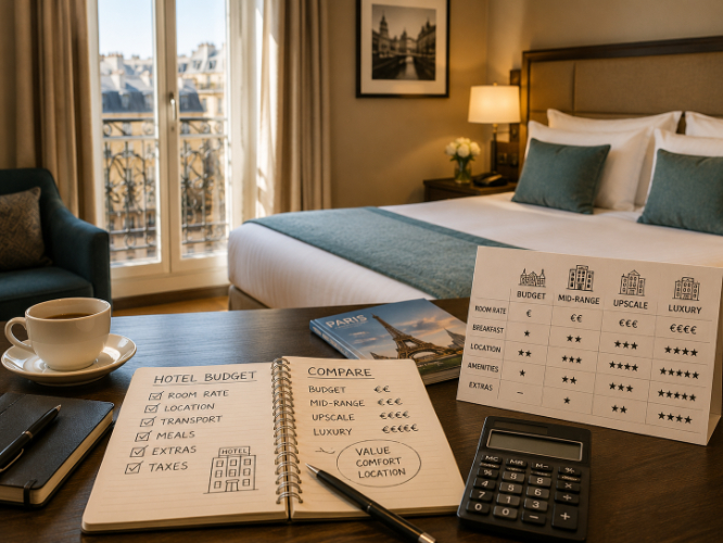 Paris hotel room with budget planning notebook, calculator and hotel category comparison to help travellers choose the right accommodation budget.
