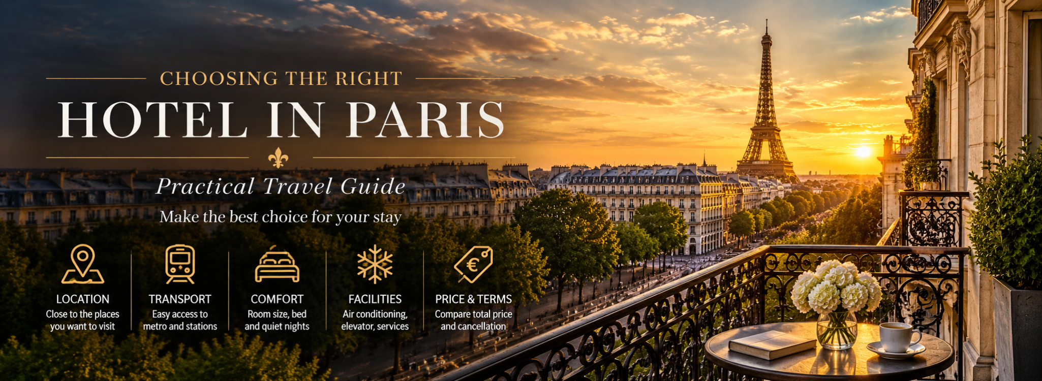 Choosing the Right Hotel in Paris – Practical Travel Guide Panoramic Paris hotel view at sunset with Eiffel Tower, highlighting location, transport, comfort, facilities and price considerations for choosing the right hotel in Paris.