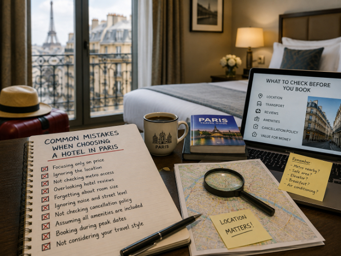 Paris hotel room with a booking checklist, city map and travel notes showing common mistakes to avoid when choosing a hotel in Paris