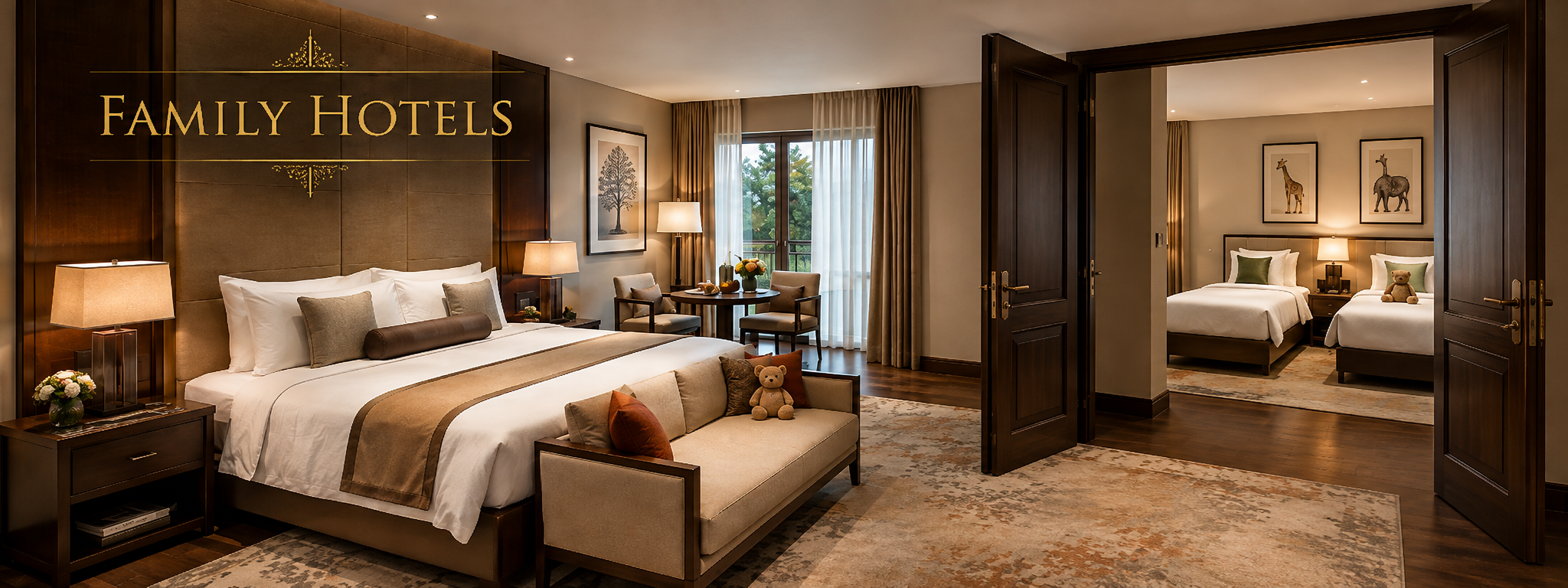 Family-friendly hotel in Paris with connecting rooms, a large double bed and twin beds for children.