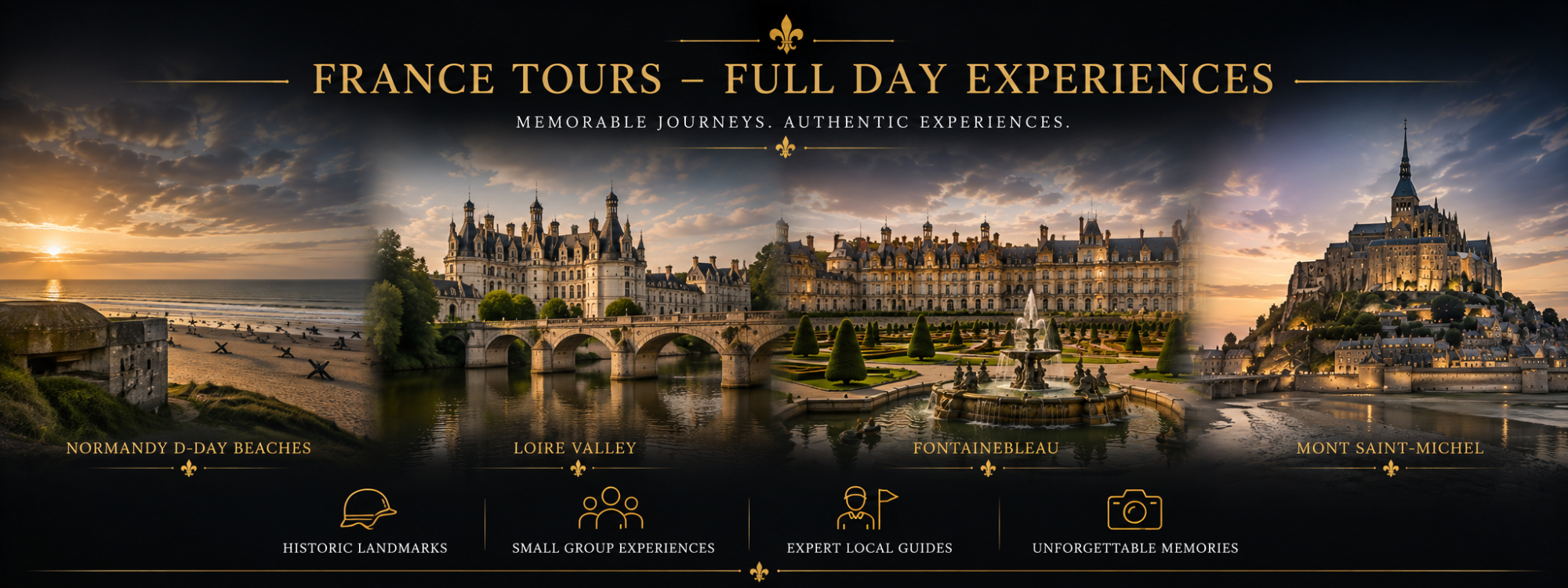 France tours banner featuring Normandy D-Day beaches, Loire Valley castles, Fontainebleau Palace and Mont Saint-Michel.