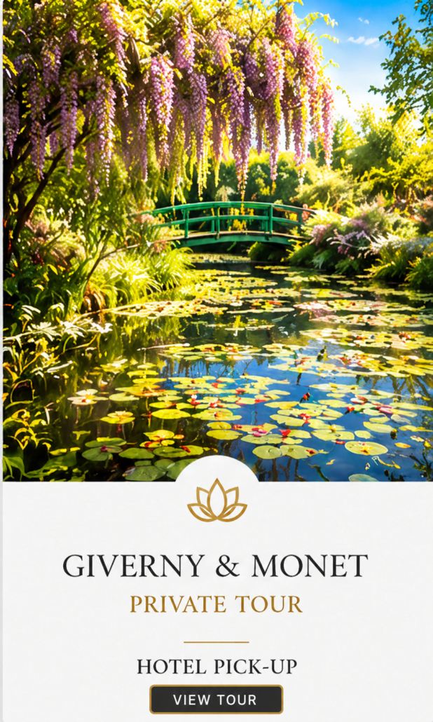 Giverny and Monet Private Tour Monet’s water lily pond and Japanese bridge beneath purple wisteria on a private Giverny tour from Paris