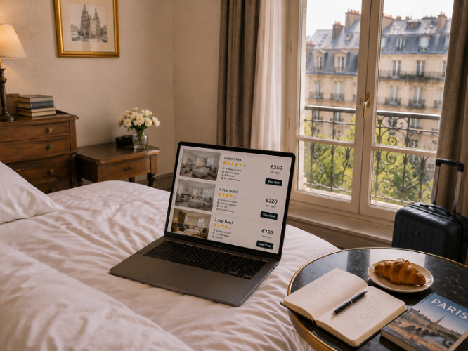 Paris hotel room with laptop comparing three-star, four-star and five-star hotels, showing that hotel category alone does not determine the best choice.