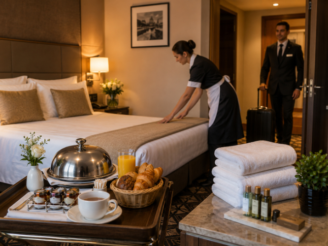 Paris hotel room showing housekeeping, luggage assistance, room service, fresh towels and guest amenities that can make a hotel stay more comfortable.