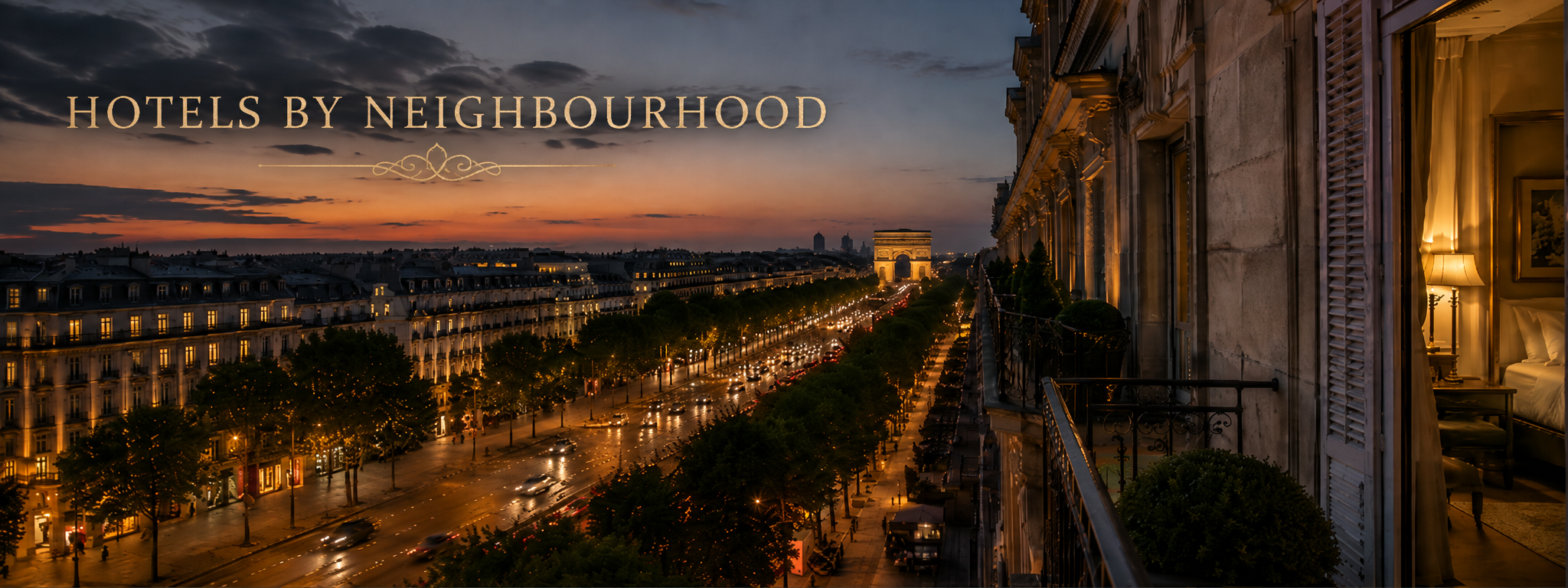 Paris hotel with a view toward the Champs-Élysées and Arc de Triomphe, illustrating hotels by neighbourhood in Paris.