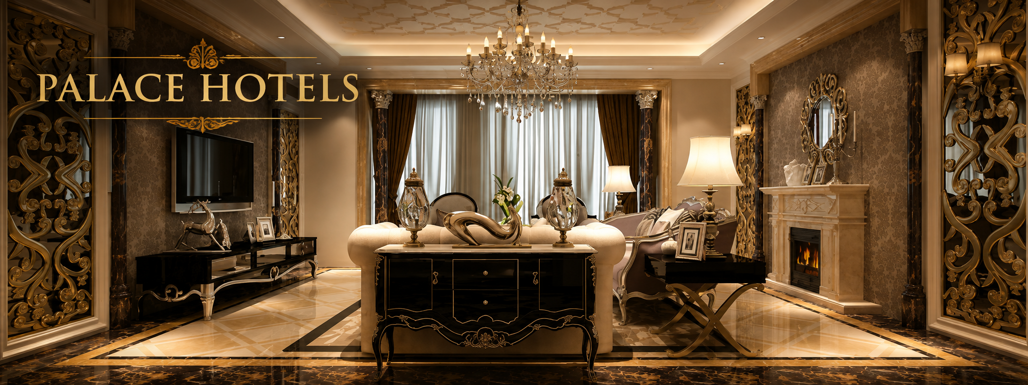 Palace Hotels in Paris Elegant palace hotel interior in Paris with chandelier, marble floors, fireplace and luxurious gold décor.