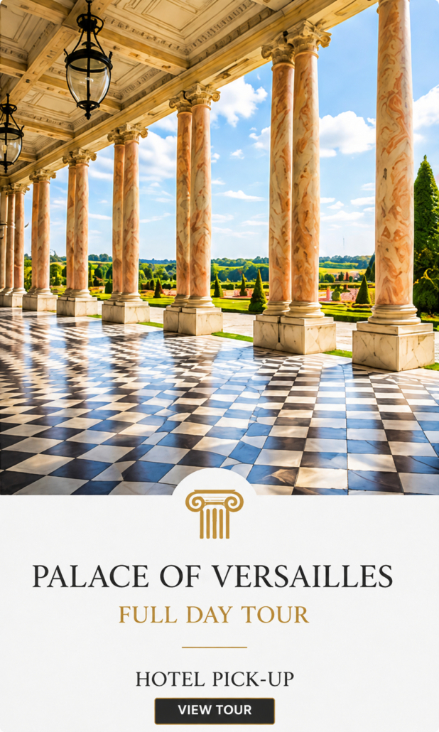 Palace of Versailles Full-Day Tour Versailles colonnade and checkerboard marble terrace on a full-day tour with hotel pickup from Paris