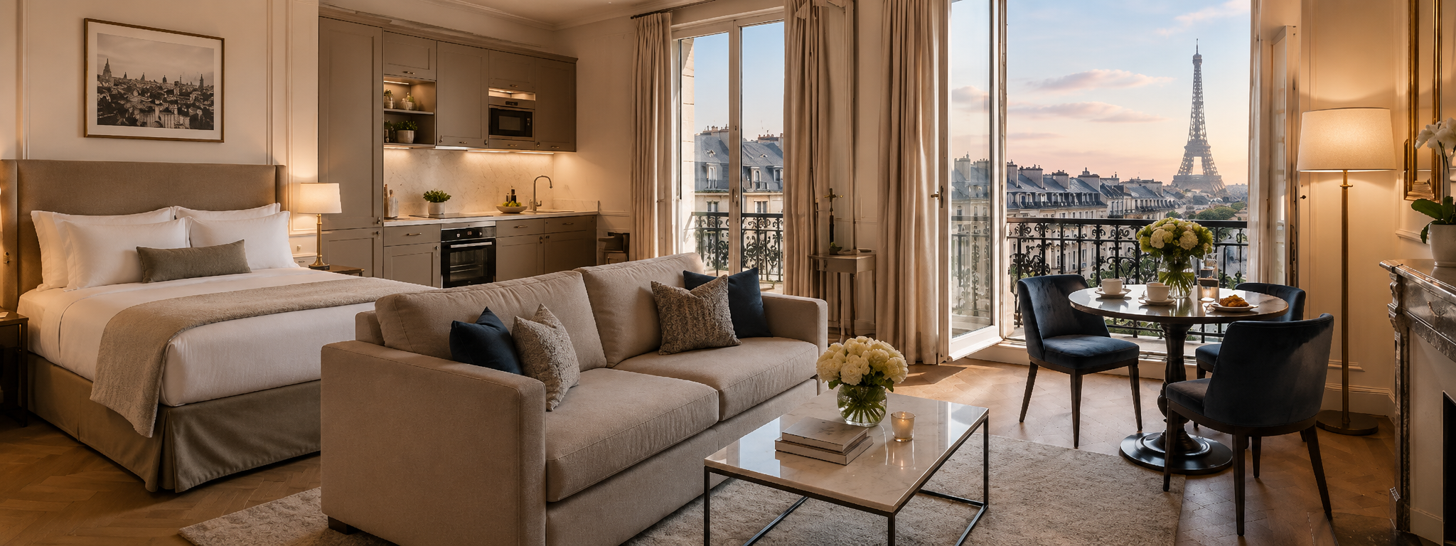 Paris Apartment Hotel with Kitchen and Eiffel Tower View Elegant Paris apartment hotel with kitchenette, living area, bedroom and balcony overlooking the Eiffel Tower.